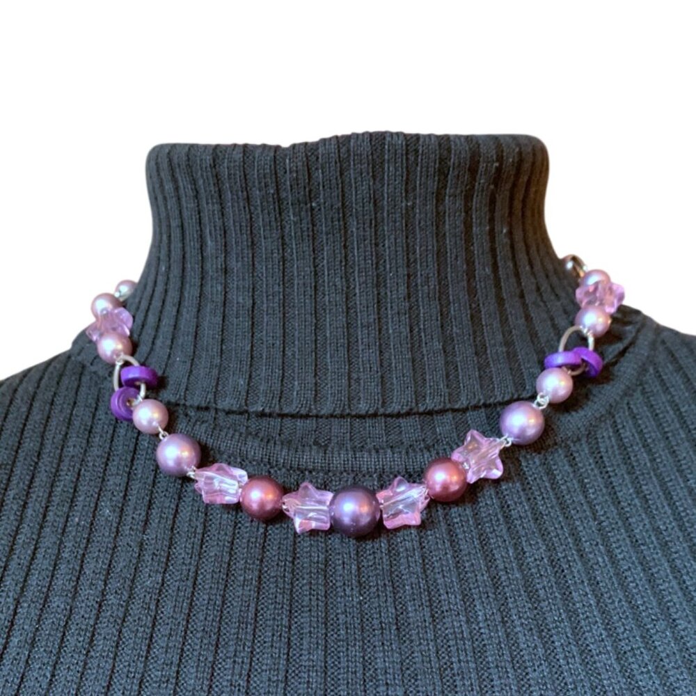 CREATION - Short necklace - Purple Violet stars- silver details